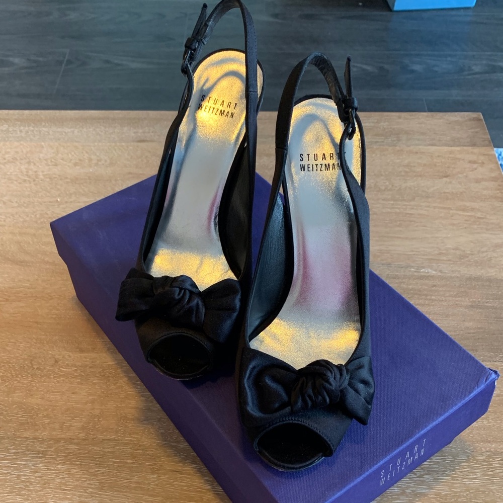 Stuart Weitzman Pretty Bow black satin heel